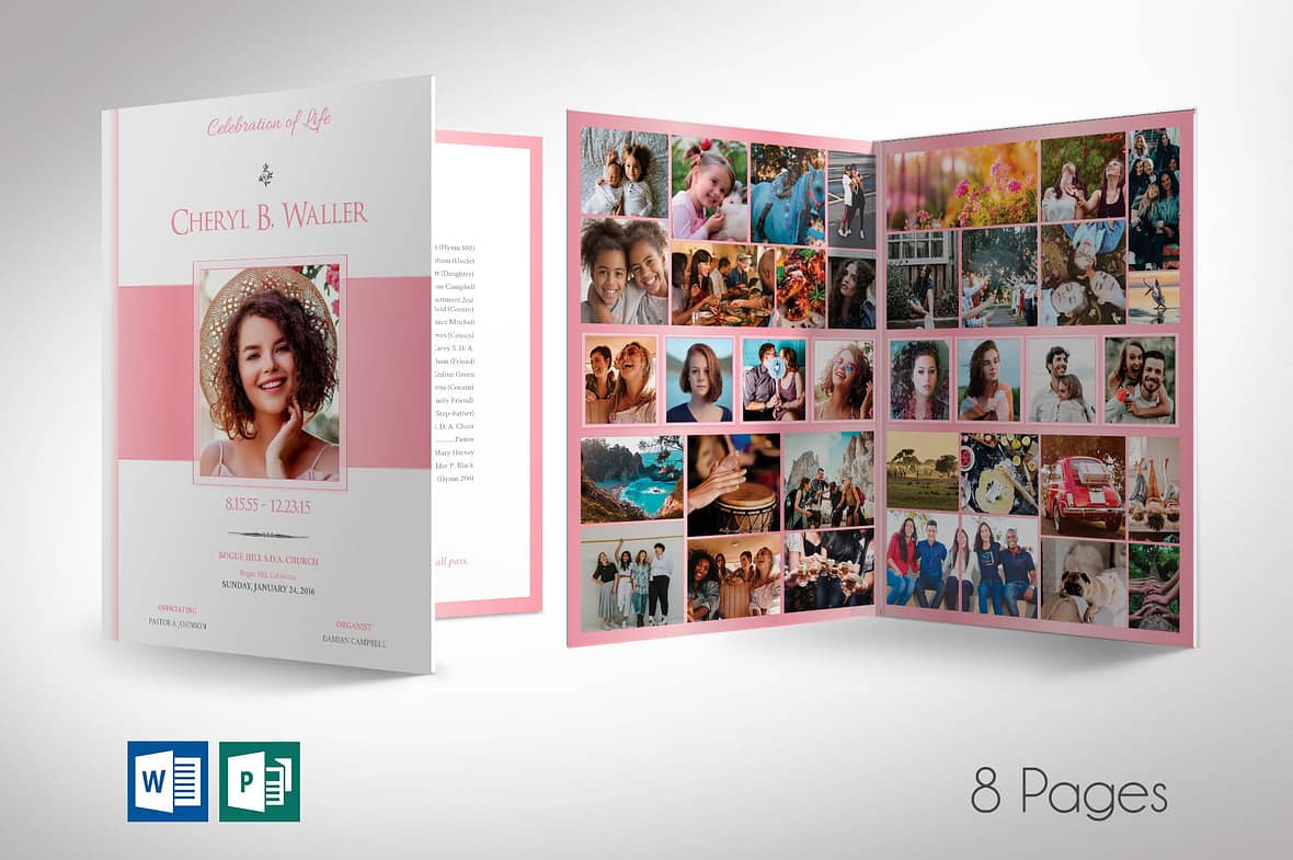 White Pink Tabloid Funeral Program Word Publisher Template
