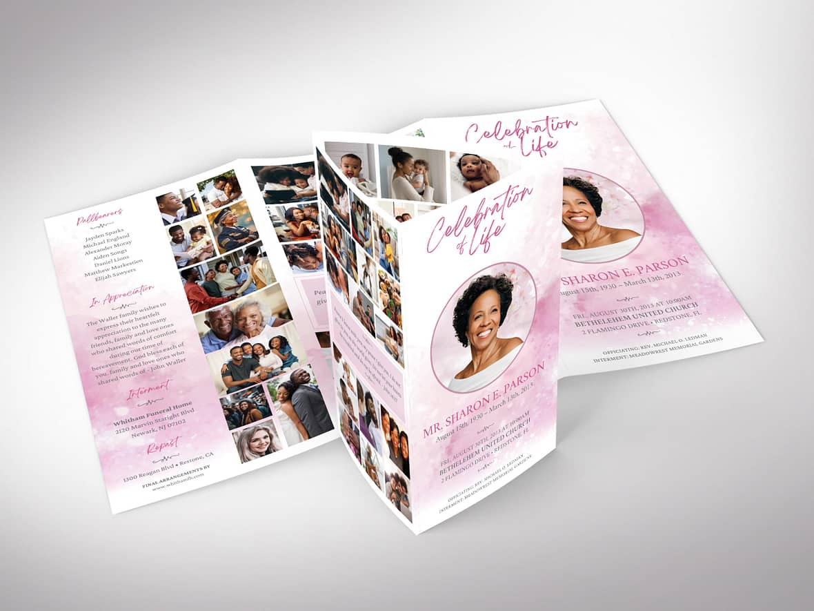 Pink Paint Legal Trifold Funeral Program Template for Canva, Celebration of Life, In Loving Memory, Obituary Template for Men, 14x8.5 inches