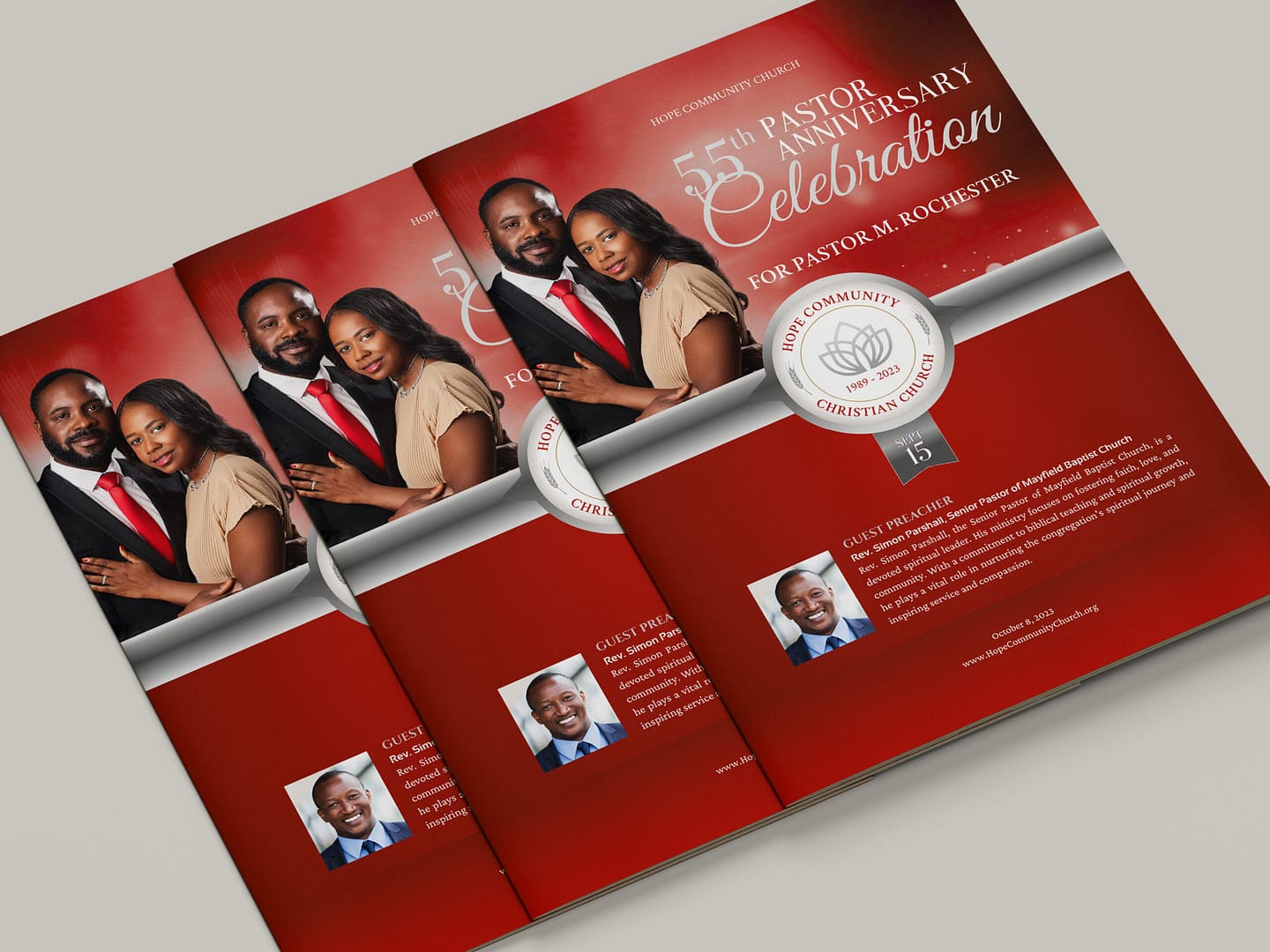 Pastor Anniversary Souvenir Book Template for Canva, Red Silver Gray, Tabloid, Church Anniversary Banquet Magazine, 24 Page, 11x17 in