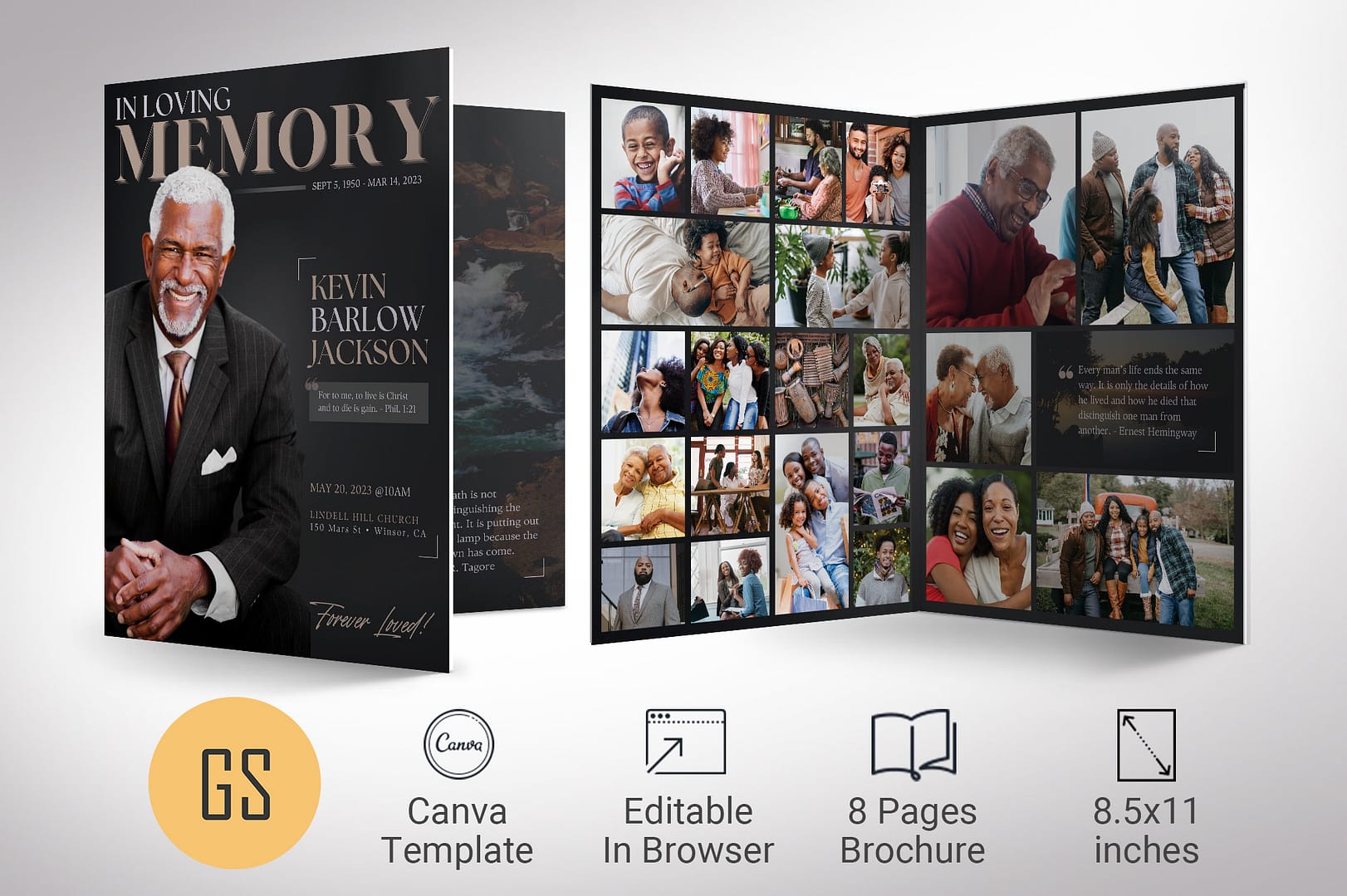 Black Dawn Tabloid Funeral Program Template for Canva