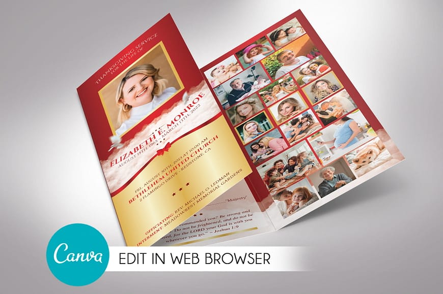 Red Ribbon Trifold Funeral Program Canva Template