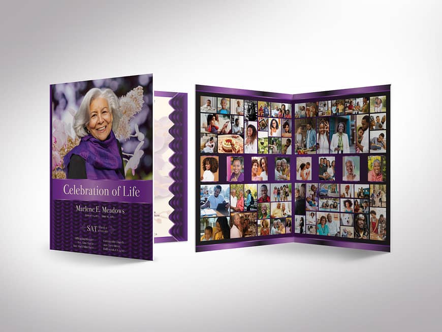 Purple Black Waves Funeral Program Template for Canva, Tabloid Bifold, Celebration of Life, Women's Obituary Template, 8 Pages, 11x17 inches